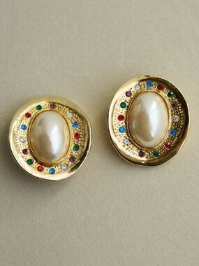 Oval Clip-On Earrings: Oversized Faux Pearl Cabochons with Multicolor Rhinestone